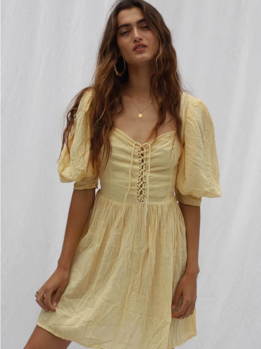 Jen’s Pirate Booty Brenner Lace-Up Puff Sleeve Mini Dress in Pale Yellow Sunrise